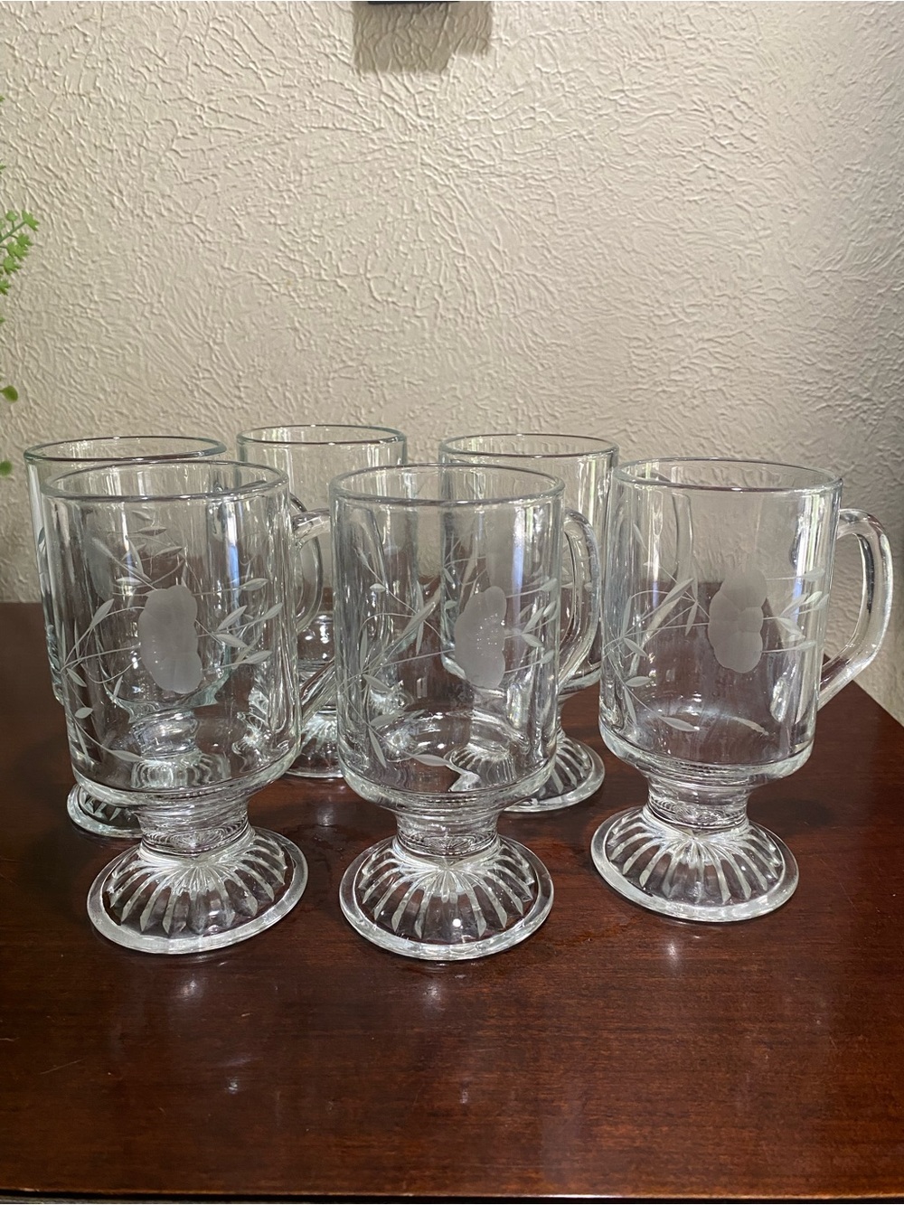 Vintage, Set of 6, Princess House Heritage Clear Etched Glass Footed Mugs